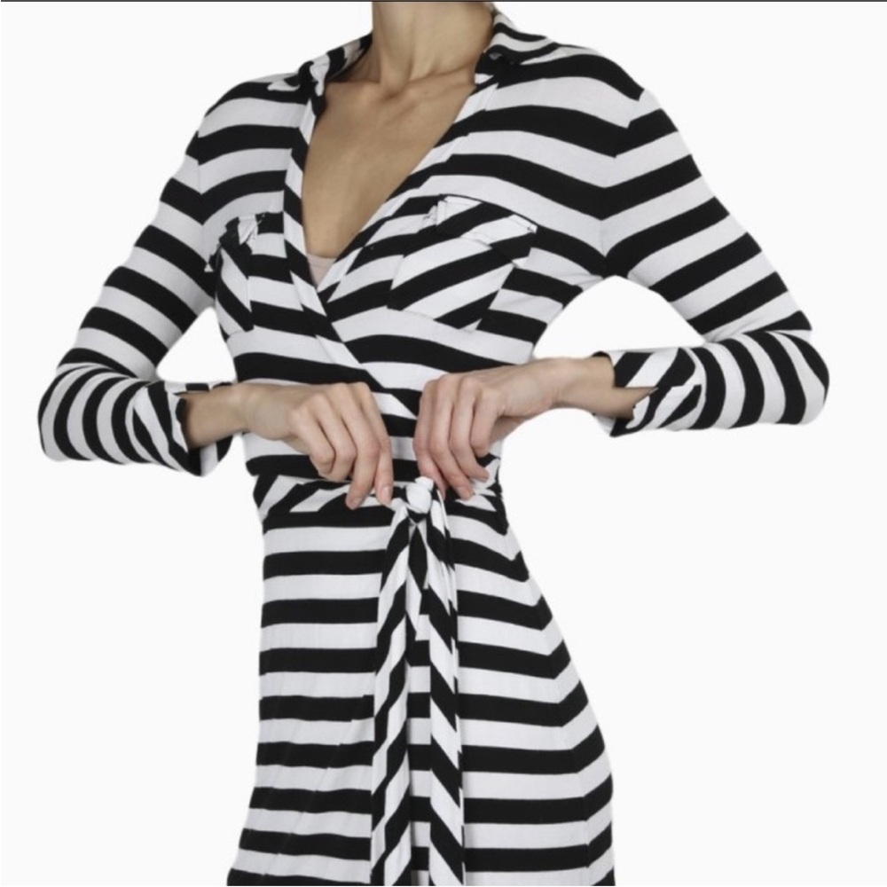 Diane Von Furstenberg Black and White Striped Long Sleeve Wrap Dress - Picture 3 of 10